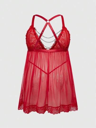 Conjunto de lencería sexy talla grande con detalles románticos de encaje, parches de malla y cadenas