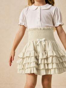 SHEIN Young Girls' Elegant Beige Drawstring Waist Multi-Layer Hem A-Line Skirt, Spring/Summer - White - View 1