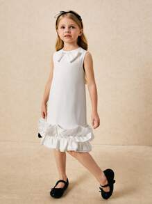 SHEIN Young Girls' & Elegant Sleeveless Dress With Ruffle Hem Decor, White, Spring/Summer - White - View 3