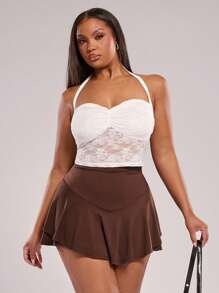 SHEIN BAE Plus Size Women Knit Shorts, Streetwear, Summer Bottoms, Summer Shorts, Music Festival - Brown - View 6