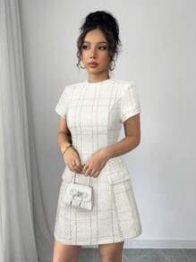 Elenzga 优雅法式格子花呢口袋装饰紧身迷你连衣裙