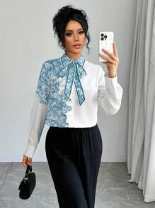 Chiquease 女士秋季花卉印花领带长袖优雅衬衫女士衬衫 - 彩色 - 查看 1