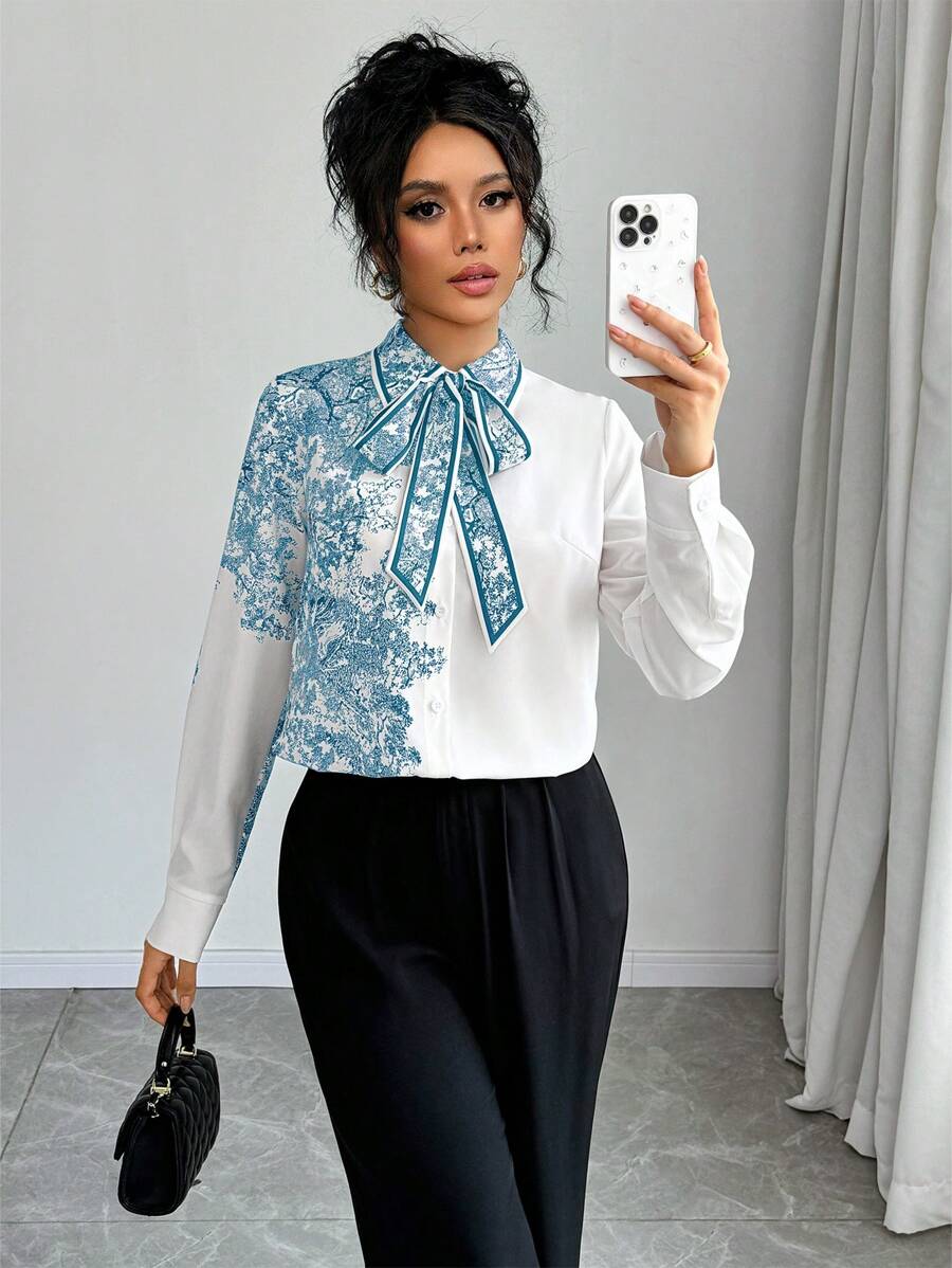 Chiquease 女士秋季花卉印花领带长袖优雅衬衫女士衬衫 - 彩色 - 查看 1