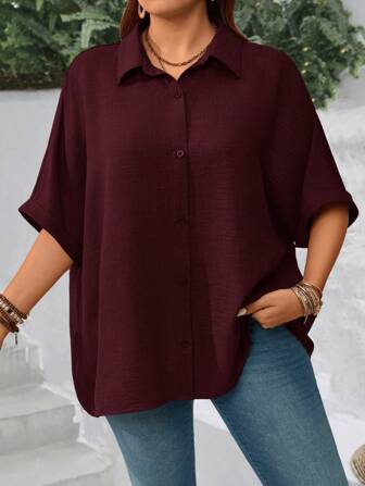 EMERY ROSE Plus Size Women's Solid Color Batwing Sleeve Loose Single-Breasted Casual Shirt,Vacation Woman,Summer