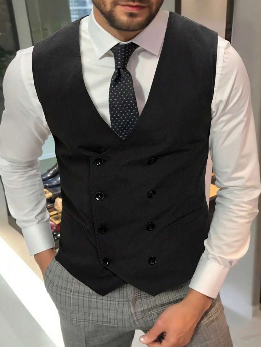 Manfinity Mode Chaleco de traje minimalista de unicolor para hombres, de moda para el verano - Negro - Ver 1