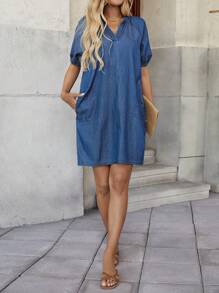 EMERY ROSE Váy denim dài đến đầu gối thường ngày cho nữ, màu xanh - Rửa tối - Xem 4