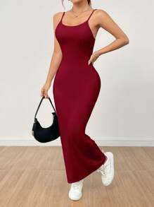 SHEIN PETITE Women's Basic White Spaghetti Strap Dress,Summer Dresses For Women - Burgundy - View 3