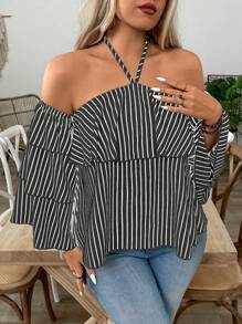 SHEIN LUNE Plus Size Black & White Striped Sleeveless Tank Top, Casual & Slimming Design - Black and White - View 3