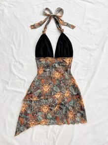 Soleia 复古波西米亚印花吊带 V 领系带网眼褶皱不对称下摆浪漫迷你连衣裙，适合节日、约会、下午茶、度假、音乐节、波西米亚风格 - 彩色 - 查看 2