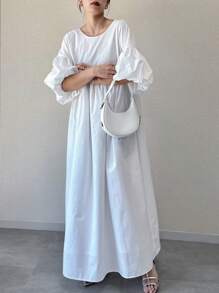 FRIFUL Vestido largo holgado de unicolor con escote en V en el frente y la espalda, mangas farol, y detalle de volantes en el escote, en estilo de vacaciones, para primavera/verano