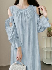 FRIFUL Vestido largo de mujer con parches de encaje calado y rayas, cuello redondo de lino