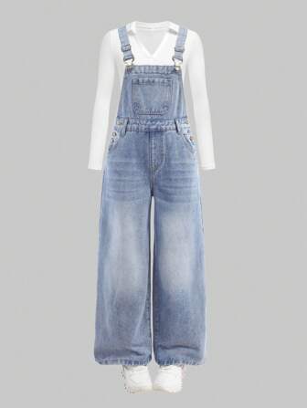 SHEIN Girlism Meisjes effen denim tuinbroek met zakken
