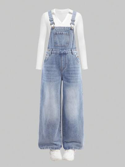 SHEIN Girlism Tween Girls' Solid Color Casual Denim Bib Overall With Pockets