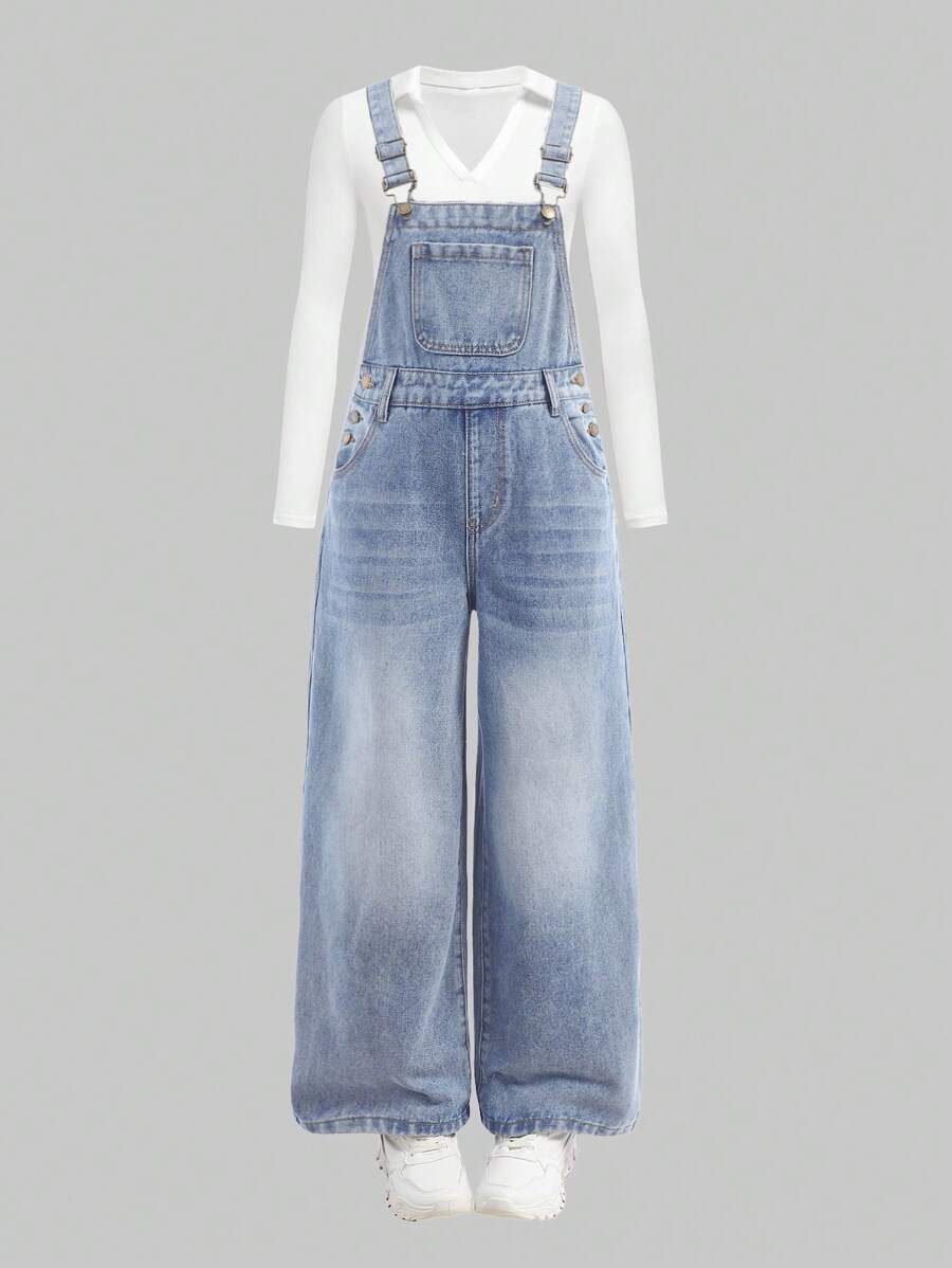 SHEIN Girlism Tween Girls' Solid Color Casual Denim Bib Overall With Pockets