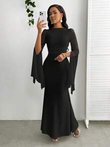 SHEIN Lady Đầm suông dài tay ôm hông phối lưới màu trơn cho nữ, dáng ôm, viền đuôi cá, thanh lịch - màu đen - Xem 4
