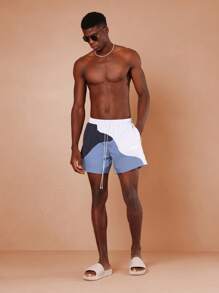 SUMWON Shorts de playa premium con diseño de bloques de color, pantalonetas de baño de verano con cordón, shorts deportivos resistentes al agua para la piscina, playa, vacaciones y deportes