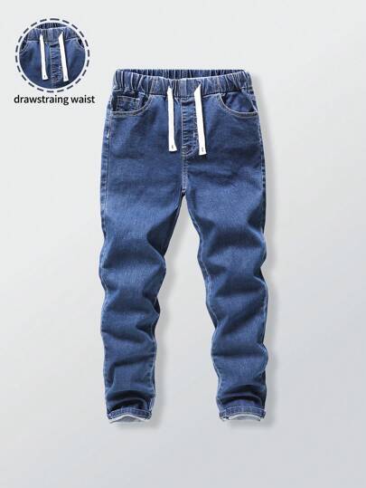 SHEIN Tween Boy All-Match Stretchy Waistband Drawstring Slim Fit Casual Grey Jeans, School, Campus, College Chic Outfits For Autumn/Winter