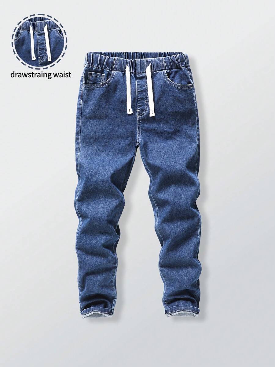 SHEIN Explorewe Tween Boy 百搭弹力腰带抽绳修身休闲灰色牛仔裤 - 深色水洗藍 - 查看 1