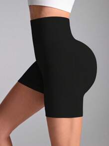 Easithlete 纯色褶饰高腰紧身夏季运动短裤骑行短裤 - 黑色 - 查看 3