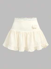 Girlism Teen Girls Cream White, 3D Floral, Plaid, Textured Jacquard Built-In Shorts Skirt, Cute Sweet Girl, Mini Skirt
