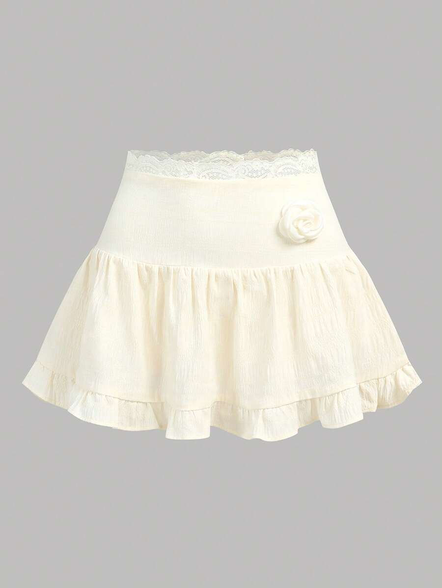 Girlism Teen Girls Cream White, 3D Floral, Plaid, Textured Jacquard Built-In Shorts Skirt, Cute Sweet Girl, Mini Skirt