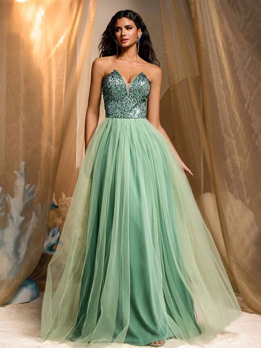 Glamrae Elegant Light Green Sequined Strapless Dress,Beaded Hem ...