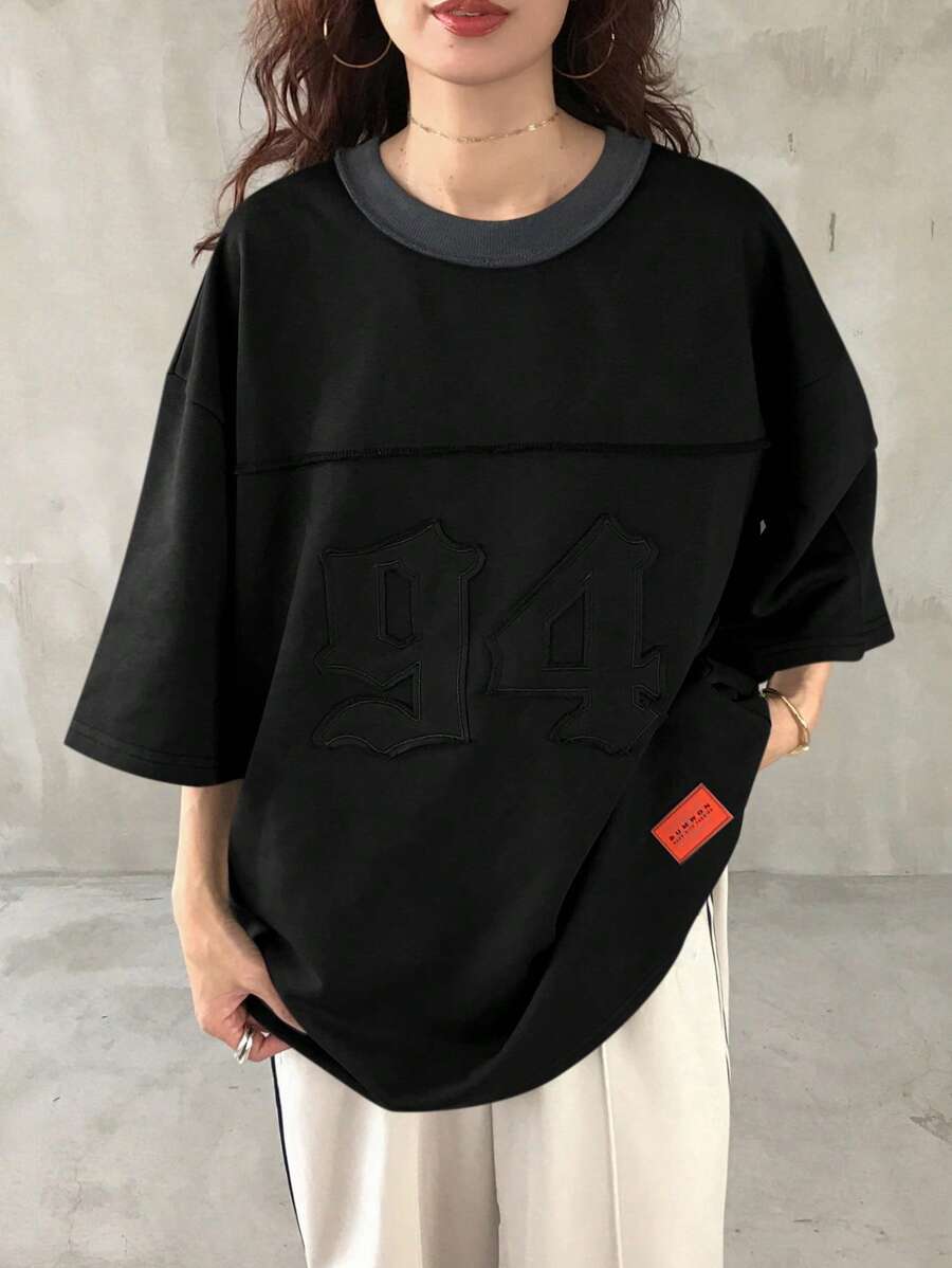 FRIFUL 女士宽松字母拼布圆领休闲T恤超大码T恤 - 黑色 - 查看 1