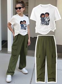 2 件套卡通印花圆领短袖 T 恤和工装裤休闲装适合年轻女孩