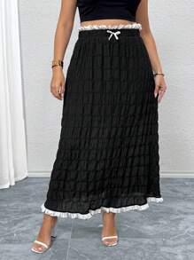 SHEIN Frenchy Plus Size Casual And Elegant Texture Chiffon Color Block Bow Long Skirt - Black - View 6