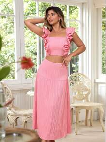 KURAYIA Plus Size Plain Textured Crew Neck Ruffle Sleeve A-Line Patchwork Hem Skirt - Pink - View 4