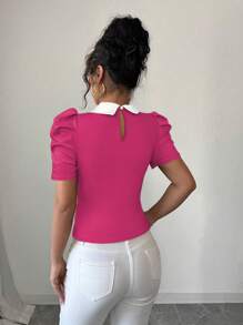 Selianne 优雅日常领口黑白拼布串珠修身女式 T 恤