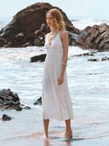 Lumivelle Women's Sleeveless Solid Color Drawstring Dress, Vacation Sexy Elegant - White - View 6