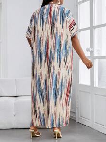 SHEIN CURVE+ Spring And Summer Autumn And Winter Elegant Navy Blue Woven Notched Kaftan Dress Plus Size Dresses - Multicolor - View 2