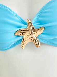 SHEIN Conjunto de bikini de 3 piezas con estrella de mar azul y botones metálicos para adolescentes, ideal para vacaciones en la playa - Azul - Ver 5