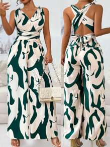 SHEIN Clasi Bộ đồ liền thân hở lưng in họa tiết ngẫu nhiên thời trang dành cho nữ - màu xanh lá - Xem 5