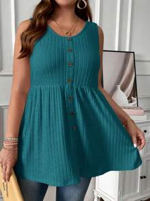 EMERY ROSE Plus Size Women Button Decor Ruffle Hem Casual Tank Top