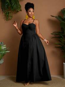 Maweii Plus Size Solid Color Spaghetti Strap Simple Dress, Fashionable For Summer - Black - View 3