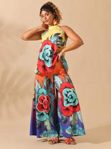 SHEIN Clasi Flowers Birds Women Plus Size Floral Print Halter Cami + Pants 2pcs Set, Vacation - Multicolor - View 5