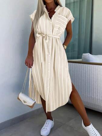 Chiquease Women's Striped Batwing Short Sleeve Single Breasted Casual Long Dress, Summer Maxi Women Outfit