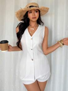 Chiquease 2pcs/Set Women Solid White Vest And Shorts Sets, Casual - White - View 5