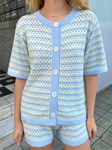 Forever 21 春夏度假休闲彩虹少女清爽蓝色条纹纹理女式开衫 - 彩色 - 查看 7