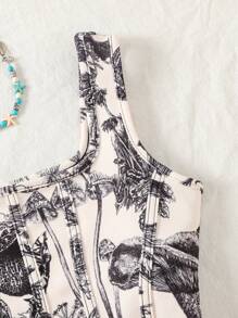 SHEIN Tween Girls' Knit Printed Backless Vacation Tank Top, Suitable For Summer Holiday - Black and White - View 5