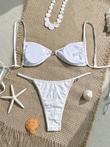 Swim Mod Women's Summer Holiday Beach Embroidered Spaghetti Strap Bikini Set - White - View 2