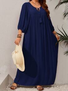 EMERY ROSE Plus Size Loose Lantern Sleeve Solid Color Dress, Casual Holiday Style Flowy Dress - Navy Blue - View 5