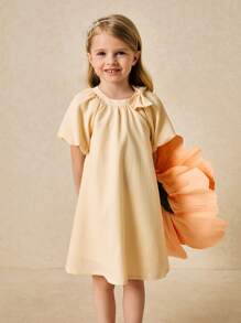 SHEIN Young Girls Elegant Apricot Dress With Oversized Bow And Puff Sleeves, Spring/Summer