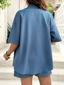 SHEIN 2pcs Women Fashion Casual Wrinkle Collar Short Sleeve Shirt And Drawstring Waist Shorts Set