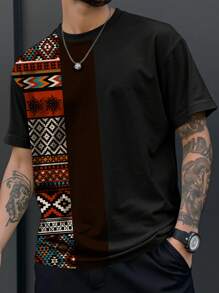 Manfinity Homme Plus Size Men's Geometric Print Crew Neck Short Sleeve Casual T-Shirt - Multicolor - View 1