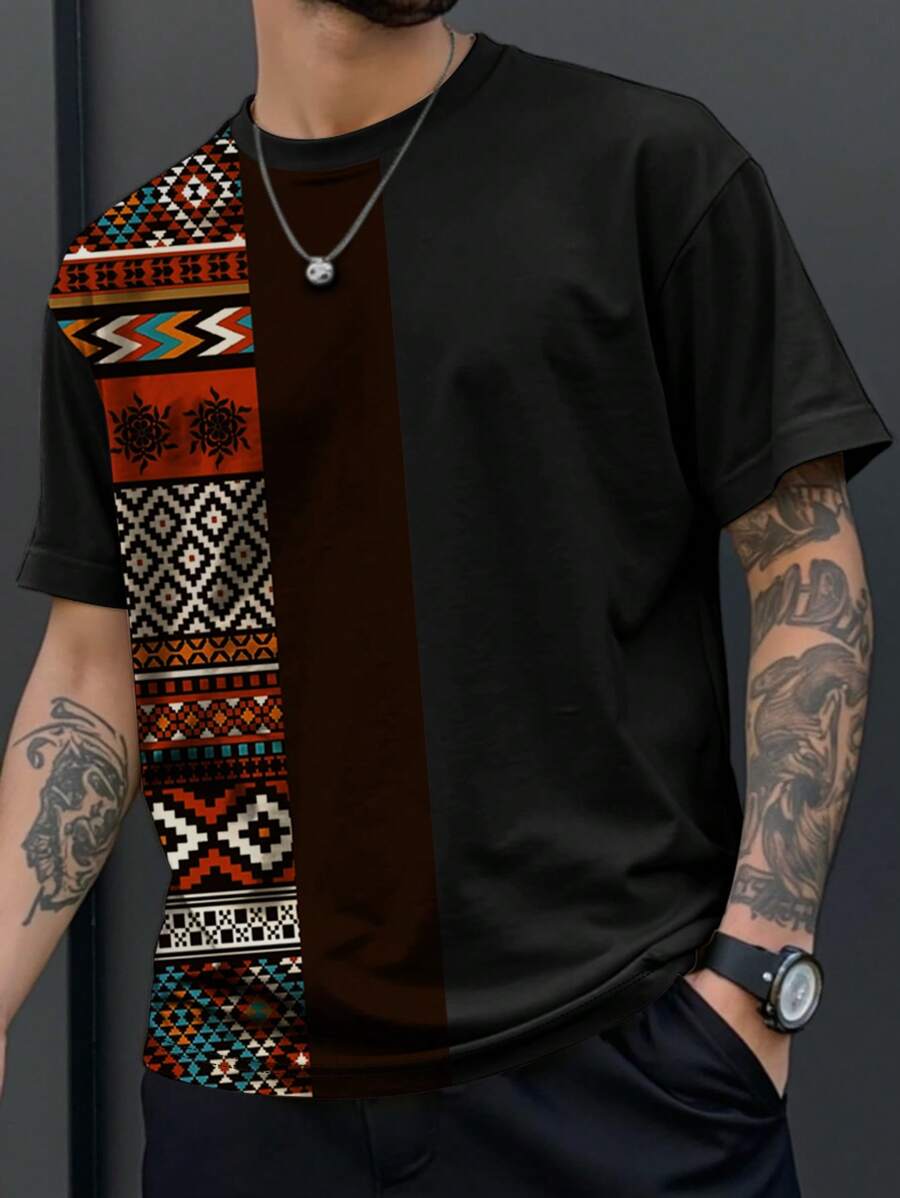 Manfinity Homme Plus Size Men's Geometric Print Crew Neck Short Sleeve Casual T-Shirt - Multicolor - View 1