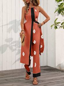 Breezaya Random Geometric Print Women Vacation Halter Neck 2pcs Sets Top & Pants - Orange - View 3