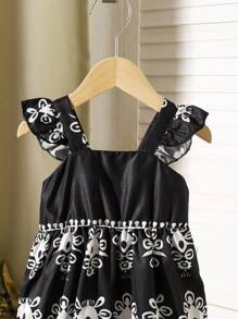 Baby / Toddler Girl Ruffled Strap Black & White Dress, Suitable For Spring, Summer Vacations And Outdoor Play - Black - View 7